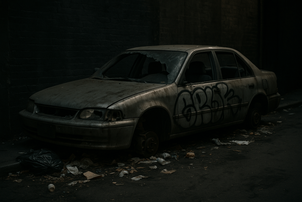 an abandoned car with a broken window