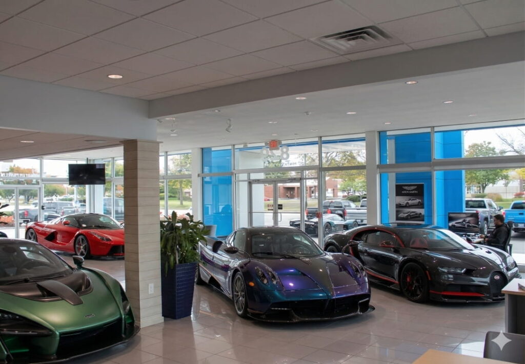 luxury sports cars displayed inside a modern car dealership showroom